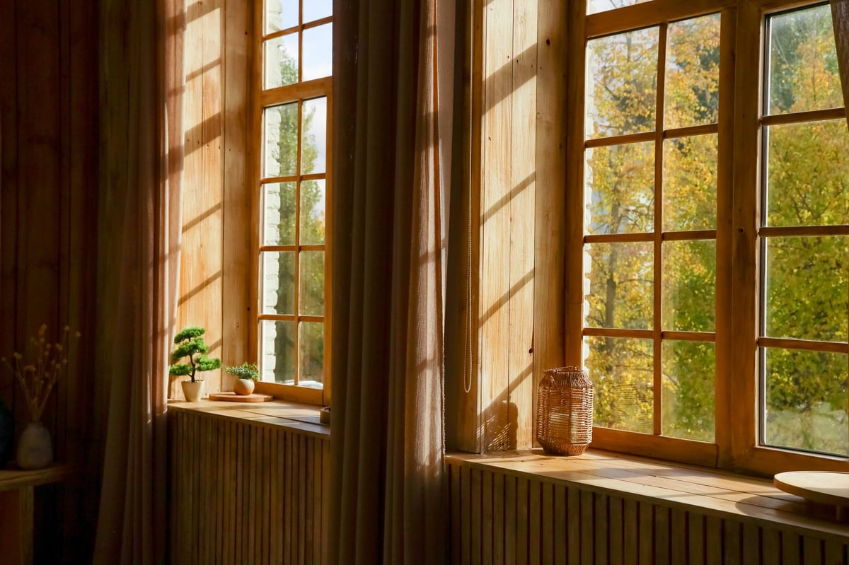 Sunlight filtering through large windows into a calm wooden room, with green trees and plants outside