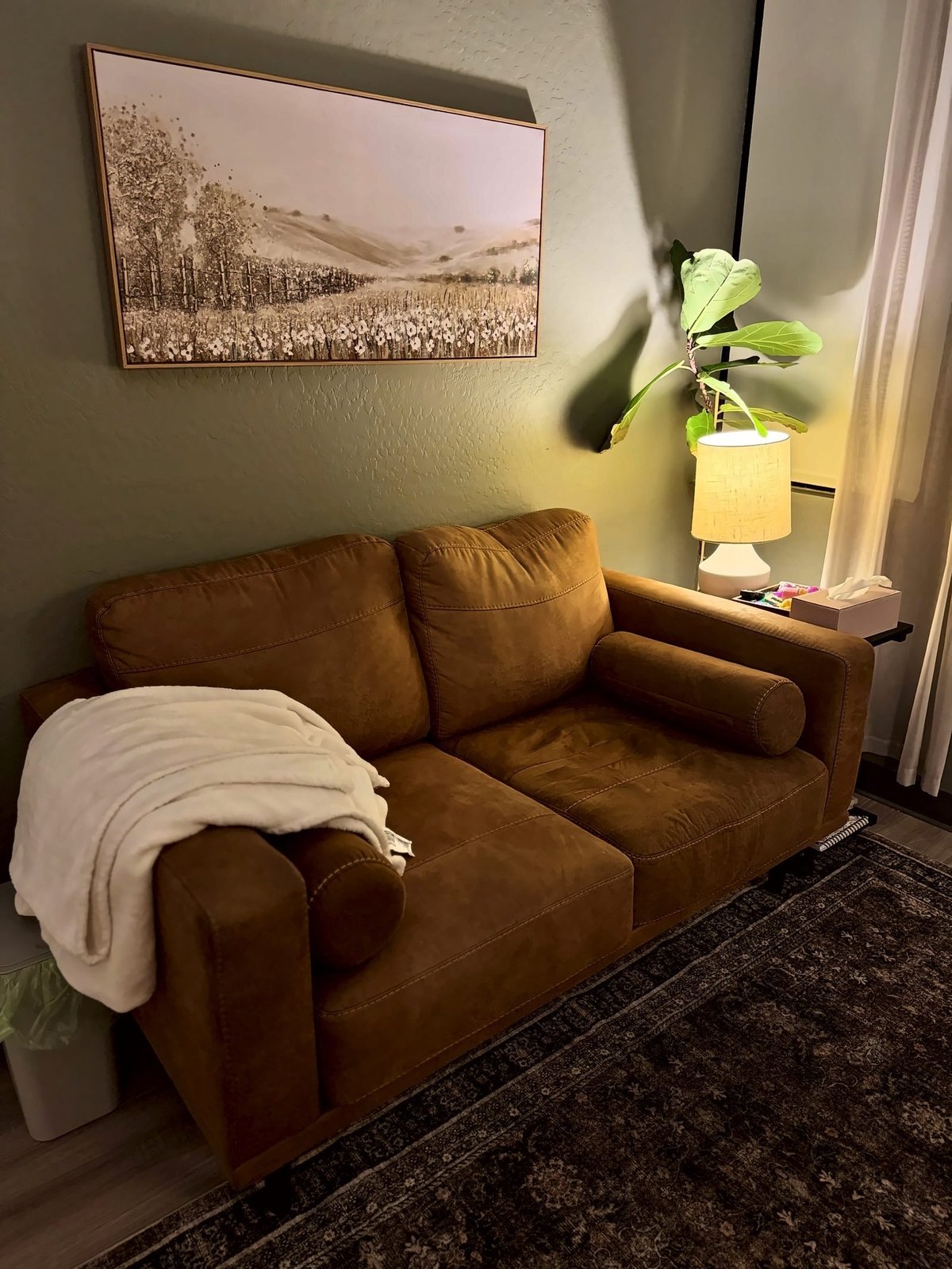 Cozy interior nook with brown leather loveseat, cream throw blanket, framed landscape artwork, green potted plant on side table, and window with white curtains.