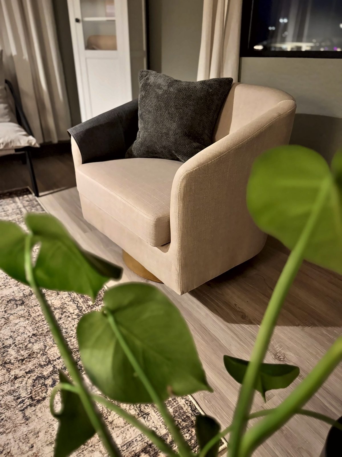 Cream-colored upholstered armchair with gray cushion in modern living room, green plant in foreground