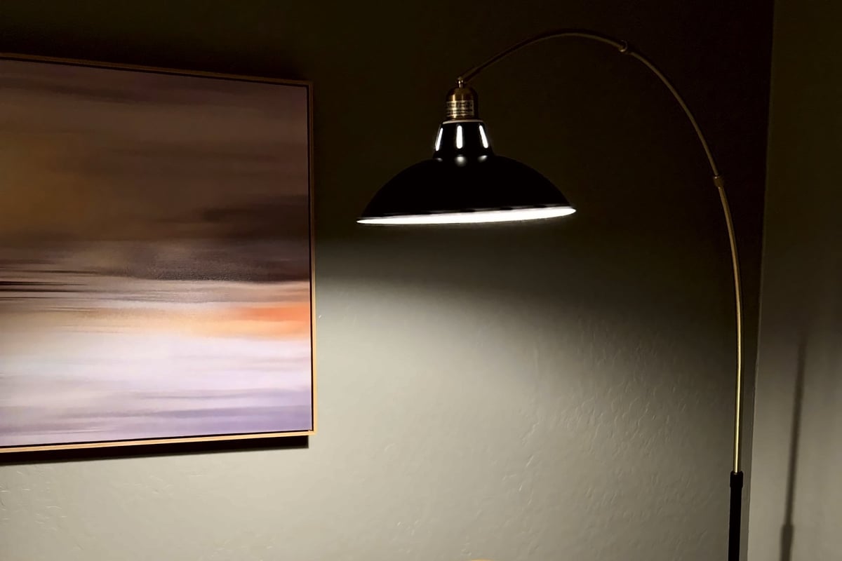 Black arc floor lamp illuminating a white wall next to a framed sunset landscape painting